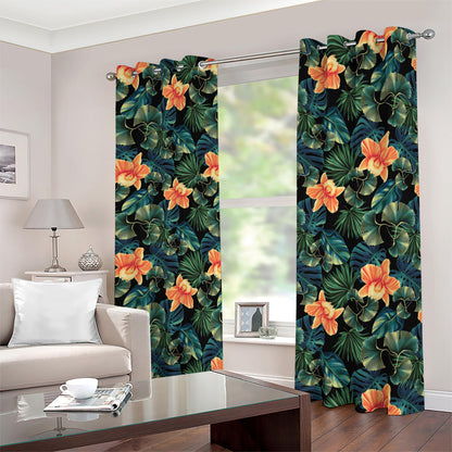 Tropical Leaf And Hawaiian Flower Print Blackout Grommet Curtains