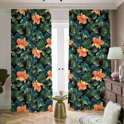 Tropical Leaf And Hawaiian Flower Print Blackout Pencil Pleat Curtains