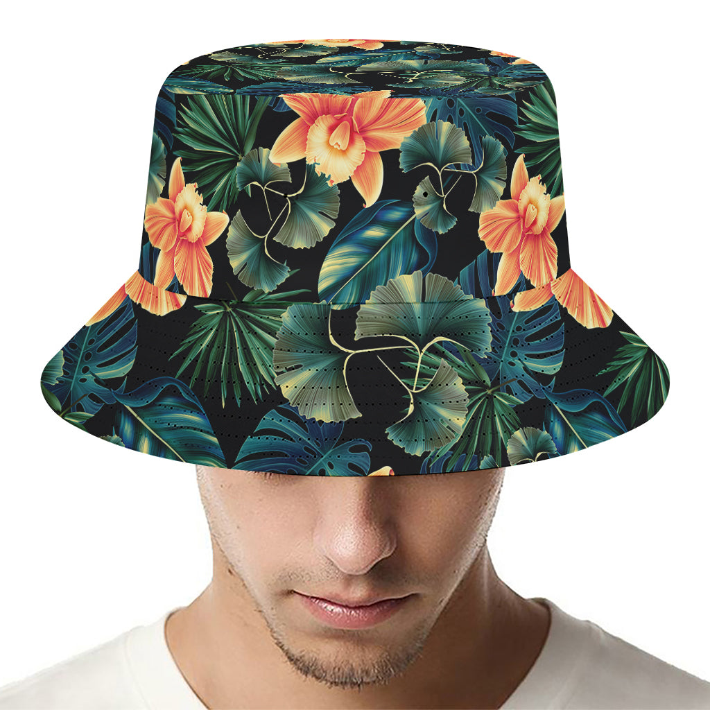 Tropical Leaf And Hawaiian Flower Print Bucket Hat