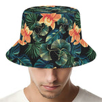 Tropical Leaf And Hawaiian Flower Print Bucket Hat