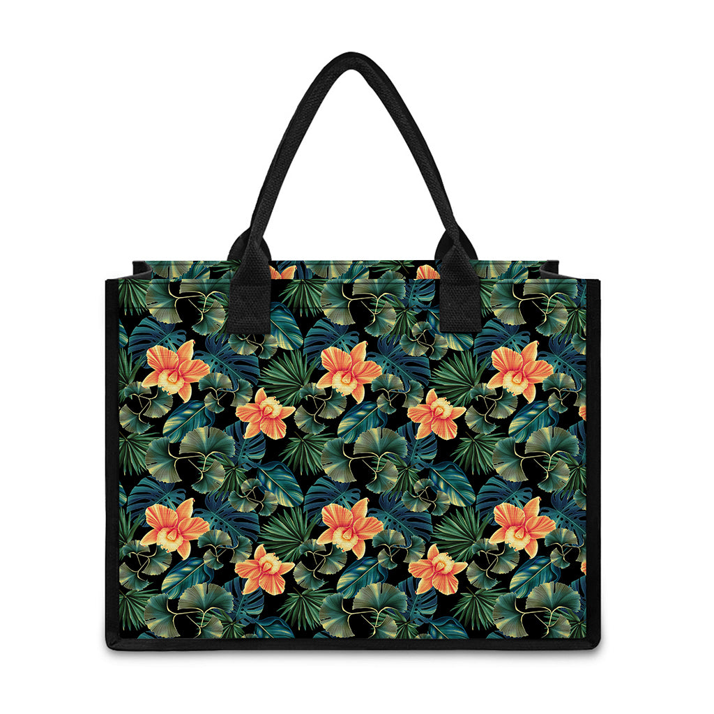 Tropical Leaf And Hawaiian Flower Print Canvas Tote Bag
