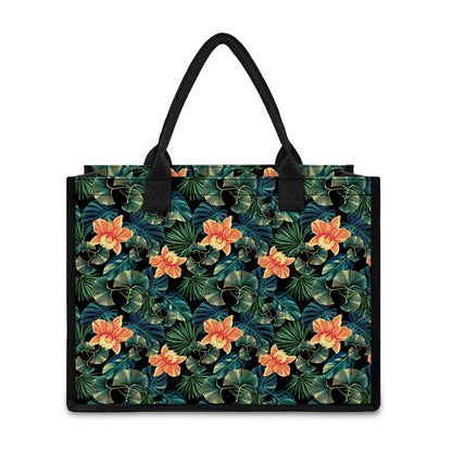 Tropical Leaf And Hawaiian Flower Print Canvas Tote Bag