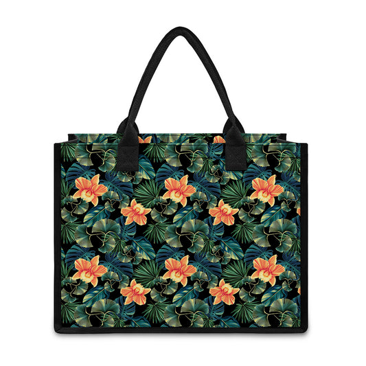 Tropical Leaf And Hawaiian Flower Print Canvas Tote Bag