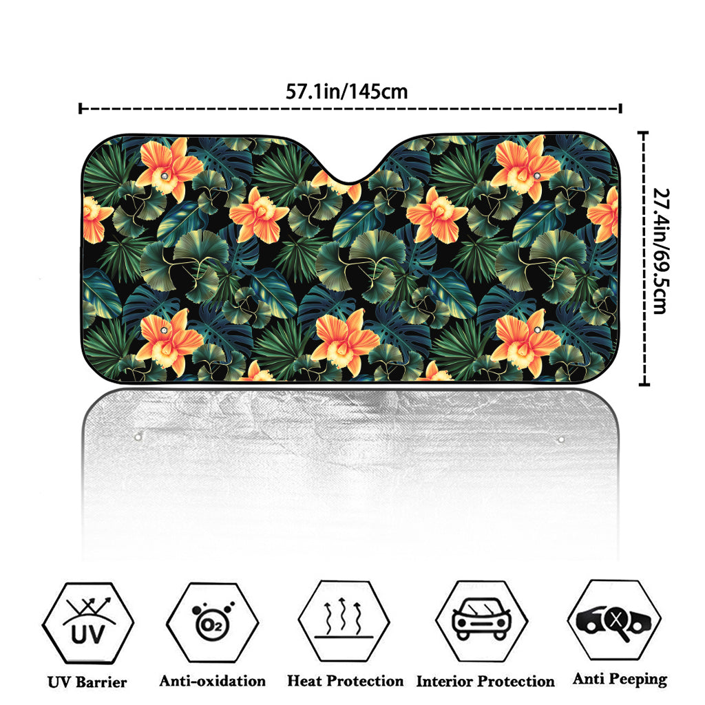 Tropical Leaf And Hawaiian Flower Print Car Windshield Sun Shade