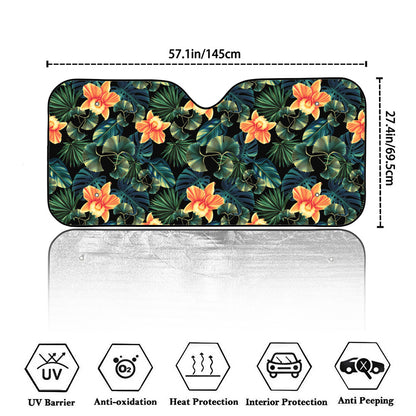 Tropical Leaf And Hawaiian Flower Print Car Windshield Sun Shade