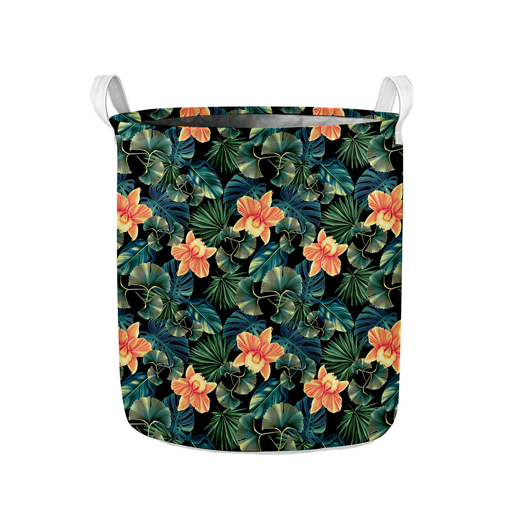 Tropical Leaf And Hawaiian Flower Print Collapsible Laundry Basket