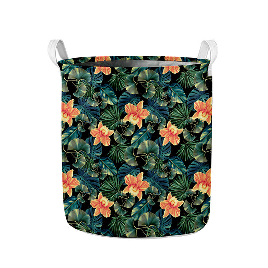 Tropical Leaf And Hawaiian Flower Print Collapsible Laundry Basket