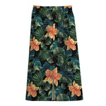 Tropical Leaf And Hawaiian Flower Print Cotton Front Slit Maxi Skirt