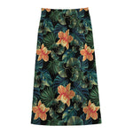 Tropical Leaf And Hawaiian Flower Print Cotton Front Slit Maxi Skirt