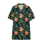 Tropical Leaf And Hawaiian Flower Print Cotton Hawaiian Shirt