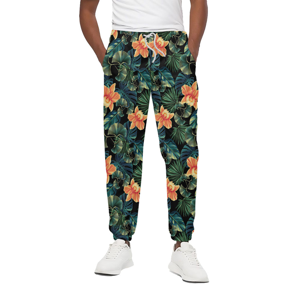 Tropical Leaf And Hawaiian Flower Print Cotton Pants