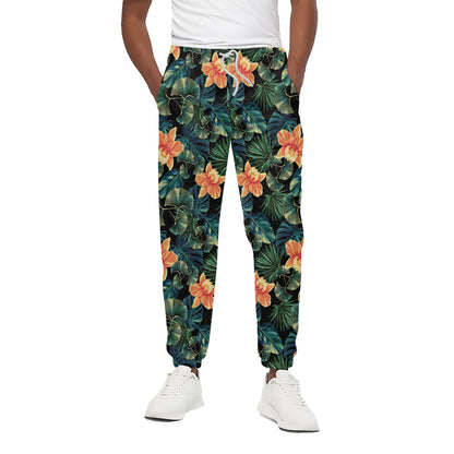 Tropical Leaf And Hawaiian Flower Print Cotton Pants