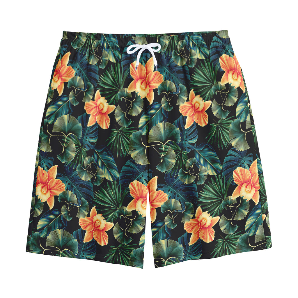 Tropical Leaf And Hawaiian Flower Print Cotton Shorts