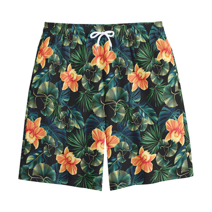 Tropical Leaf And Hawaiian Flower Print Cotton Shorts