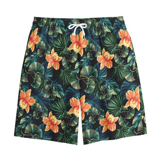 Tropical Leaf And Hawaiian Flower Print Cotton Shorts
