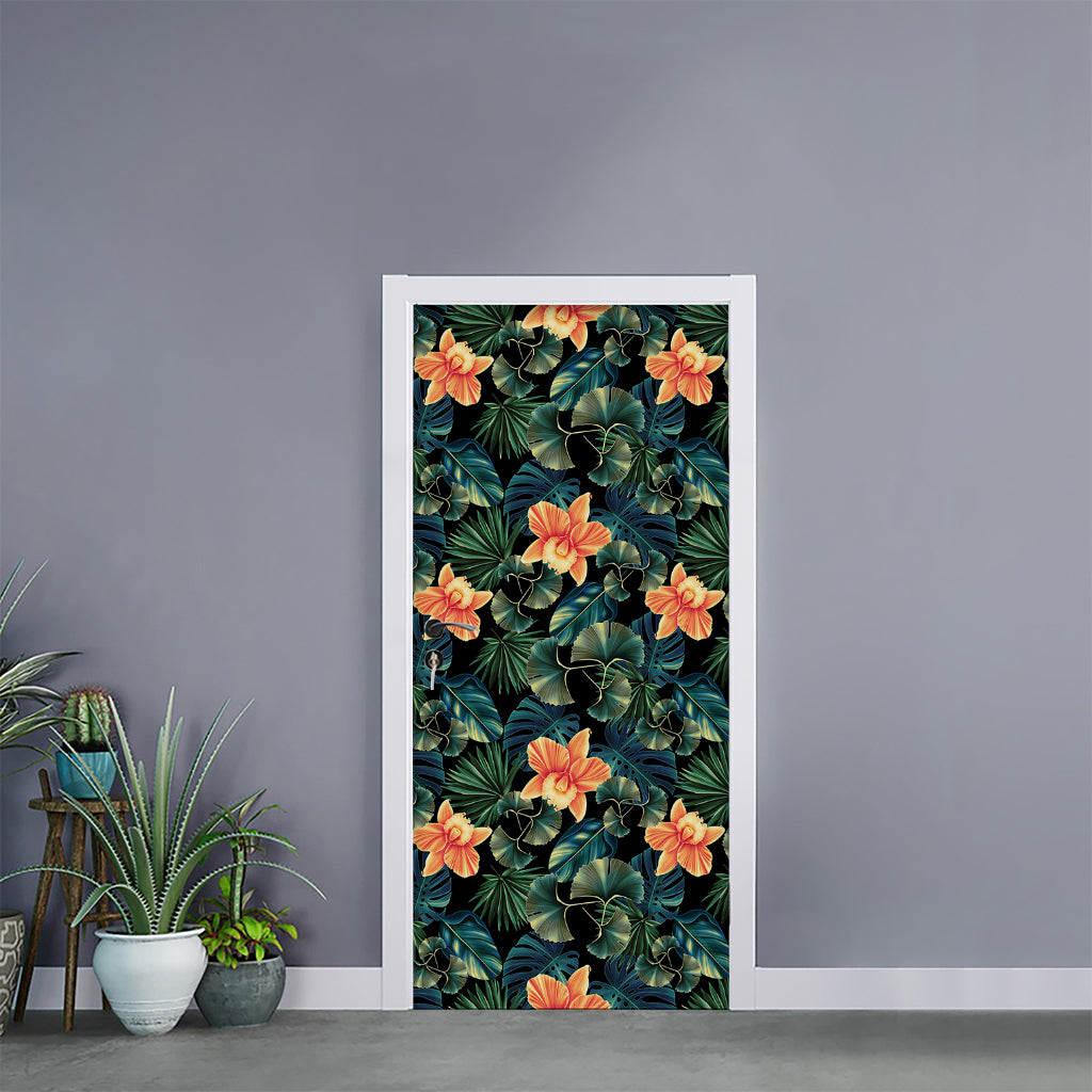 Tropical Leaf And Hawaiian Flower Print Door Sticker