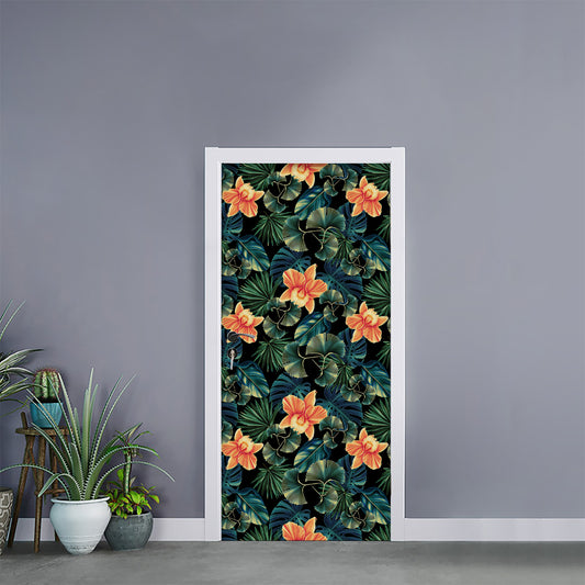 Tropical Leaf And Hawaiian Flower Print Door Sticker