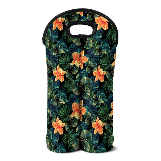 Tropical Leaf And Hawaiian Flower Print Double Neoprene Wine Tote