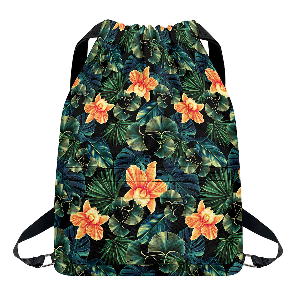 Tropical Leaf And Hawaiian Flower Print Drawstring Backpack