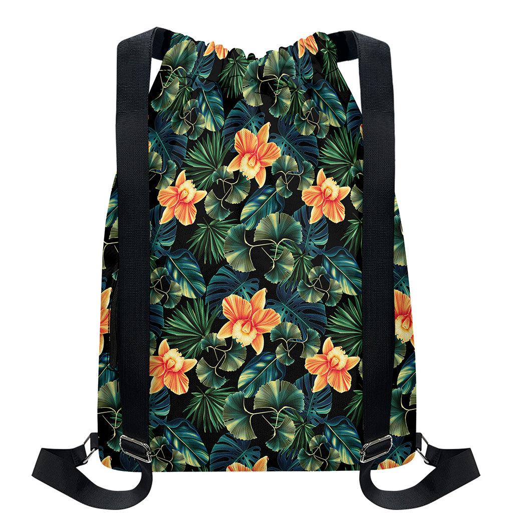 Tropical Leaf And Hawaiian Flower Print Drawstring Backpack