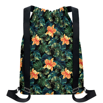 Tropical Leaf And Hawaiian Flower Print Drawstring Backpack
