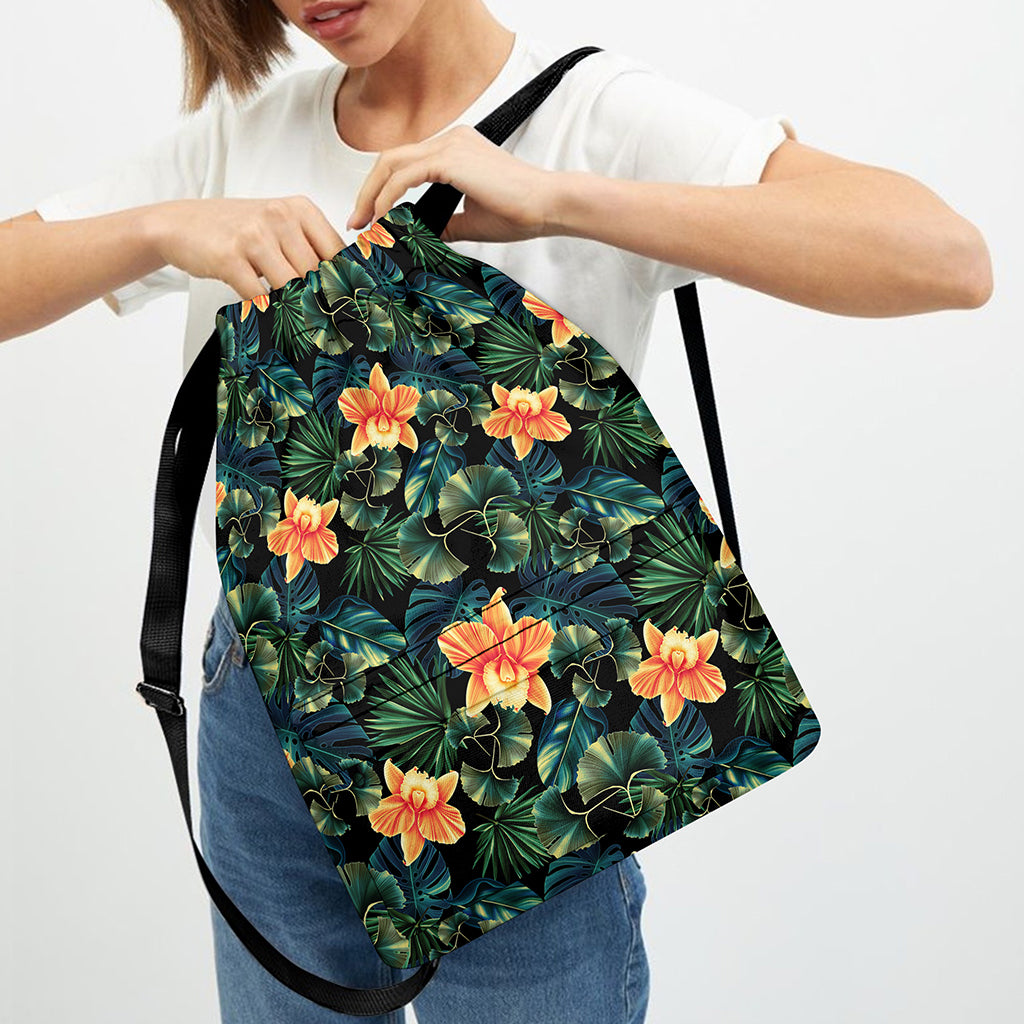Tropical Leaf And Hawaiian Flower Print Drawstring Backpack