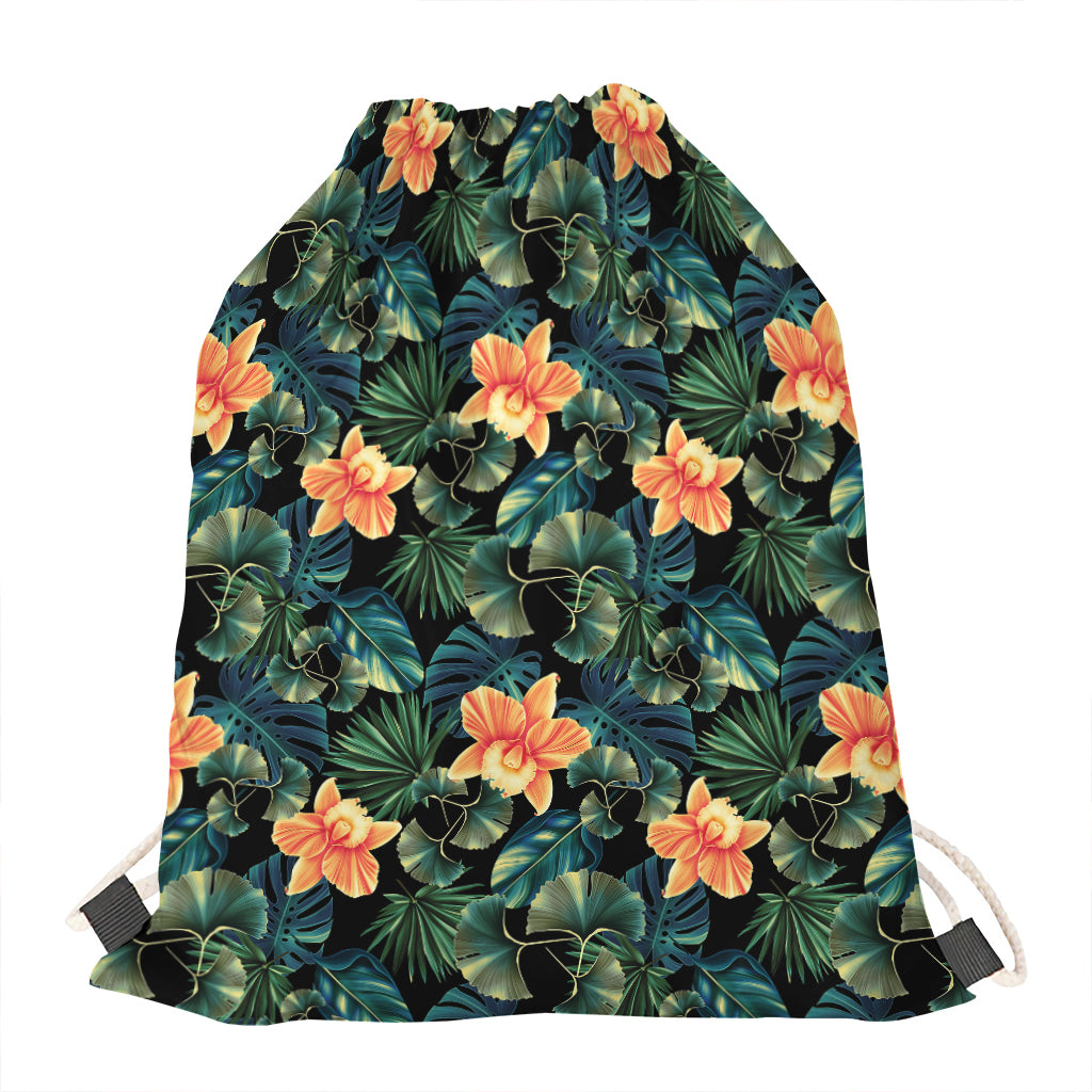 Tropical Leaf And Hawaiian Flower Print Drawstring Bag