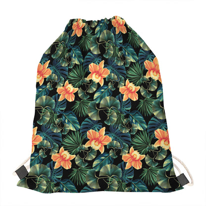 Tropical Leaf And Hawaiian Flower Print Drawstring Bag