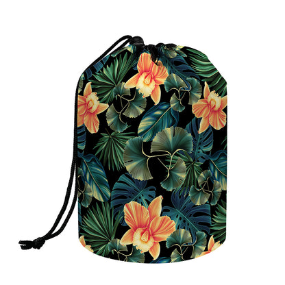 Tropical Leaf And Hawaiian Flower Print Drawstring Makeup Bag