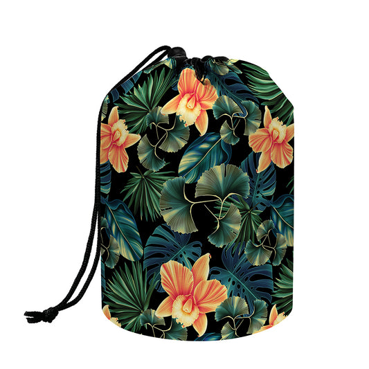 Tropical Leaf And Hawaiian Flower Print Drawstring Makeup Bag