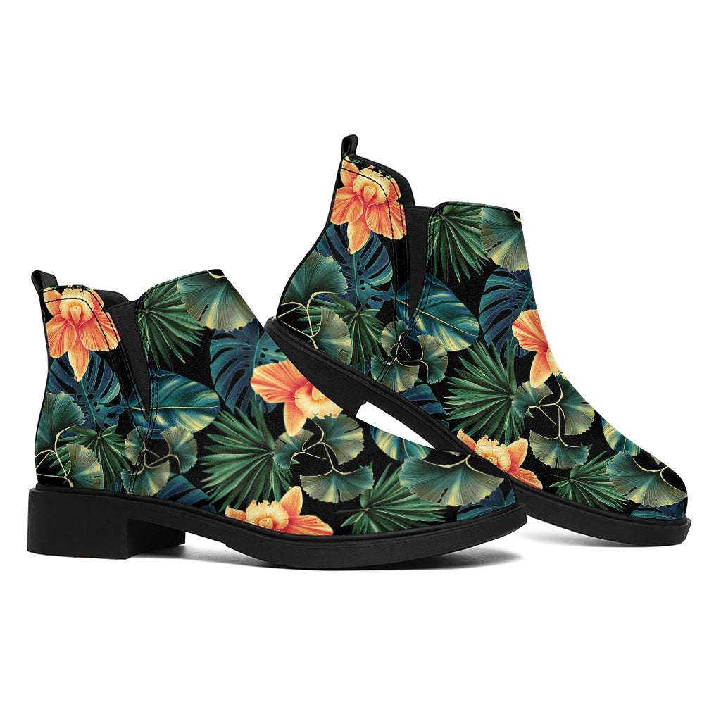 Tropical Leaf And Hawaiian Flower Print Flat Ankle Boots