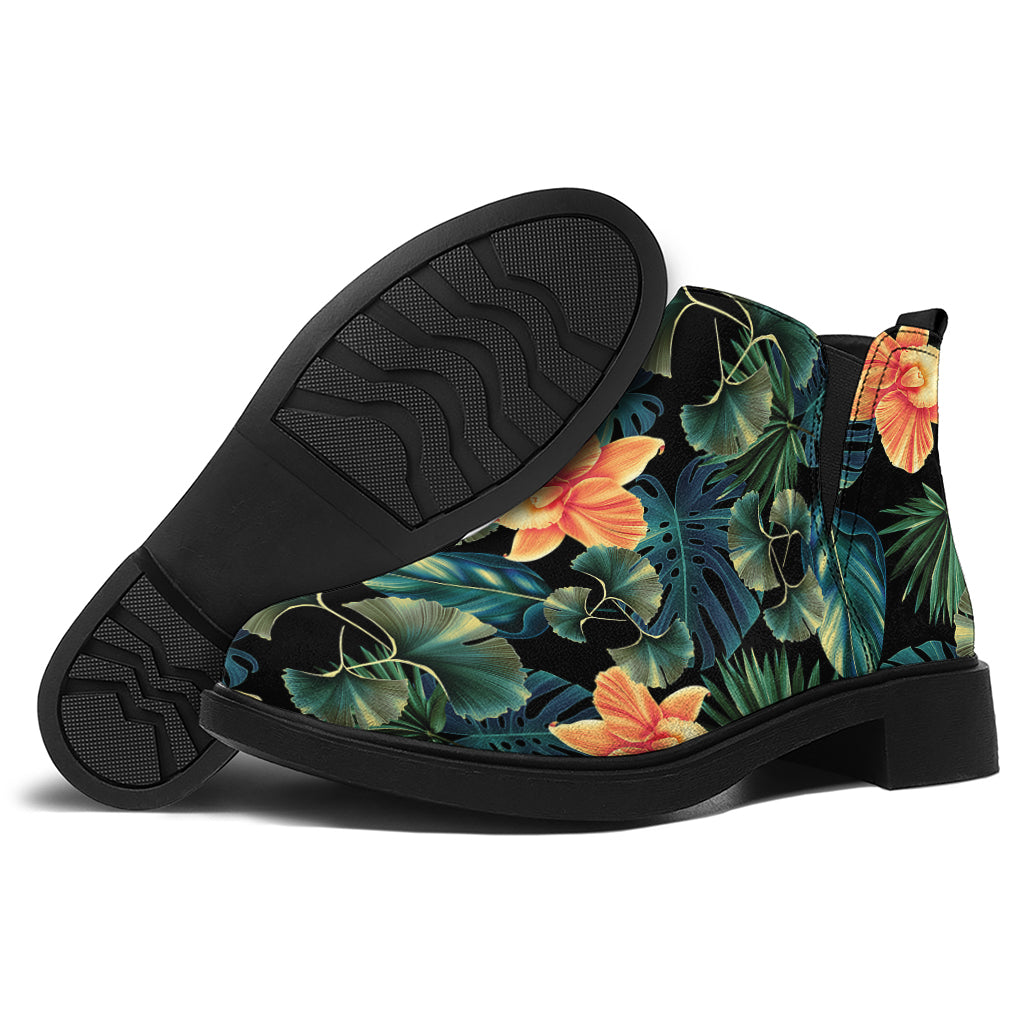 Tropical Leaf And Hawaiian Flower Print Flat Ankle Boots