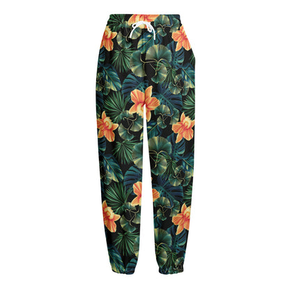Tropical Leaf And Hawaiian Flower Print Fleece Lined Knit Pants