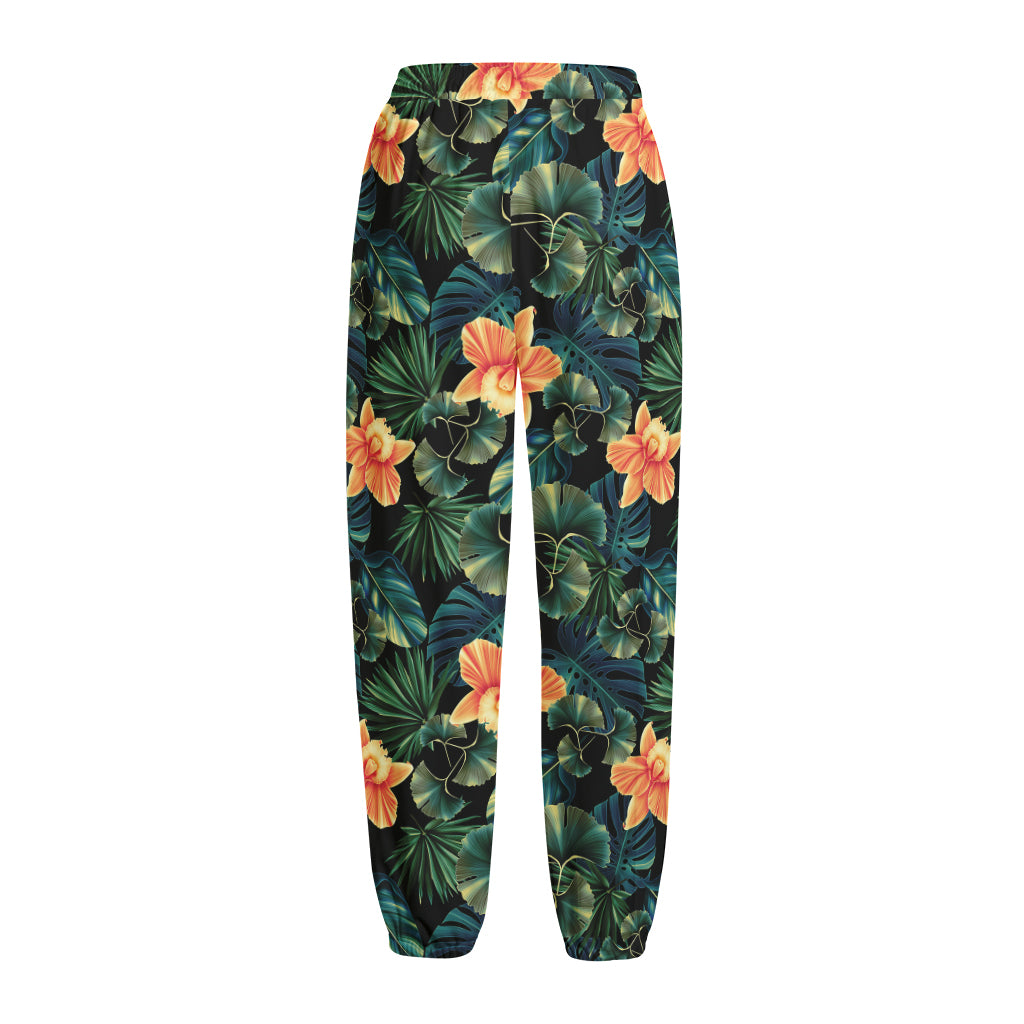 Tropical Leaf And Hawaiian Flower Print Fleece Lined Knit Pants
