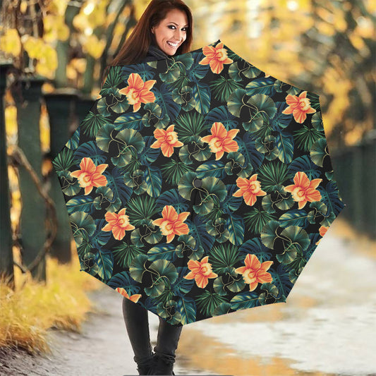 Tropical Leaf And Hawaiian Flower Print Foldable Umbrella