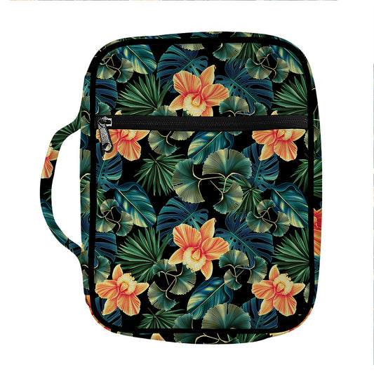 Tropical Leaf And Hawaiian Flower Print Front Pocket Bible Bag