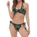 Tropical Leaf And Hawaiian Flower Print Halter Scoop Tie Side Bikini