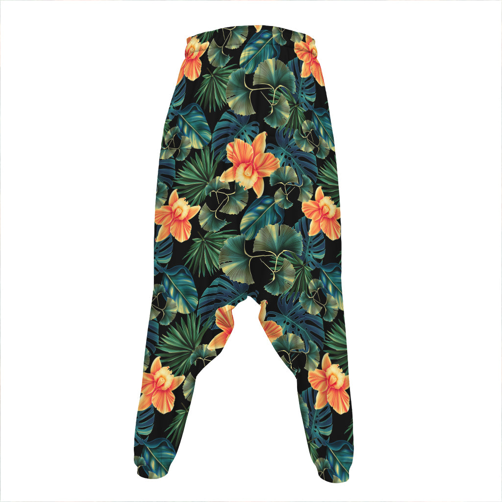 Tropical Leaf And Hawaiian Flower Print Hammer Pants