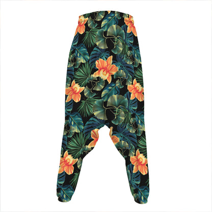 Tropical Leaf And Hawaiian Flower Print Hammer Pants