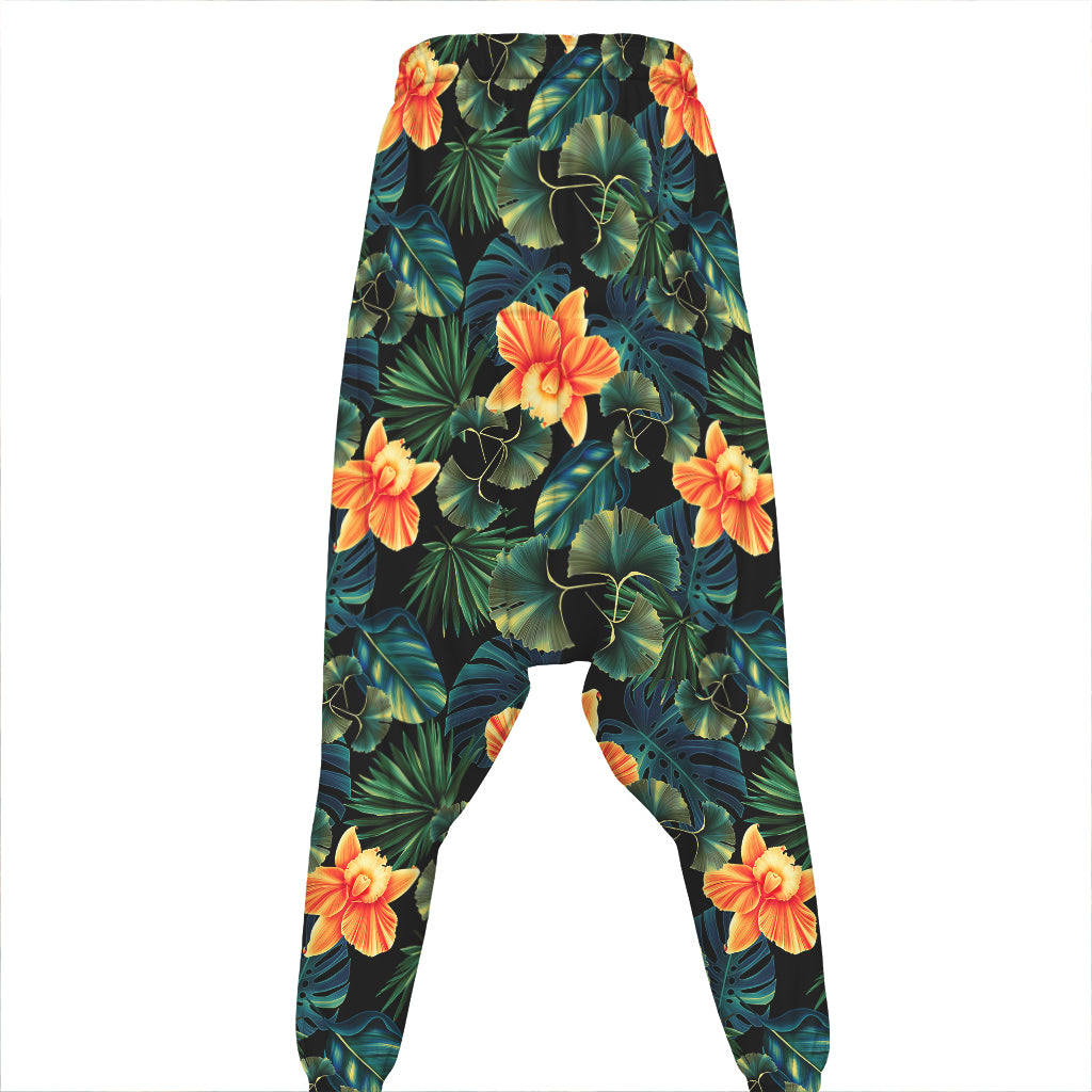 Tropical Leaf And Hawaiian Flower Print Hammer Pants