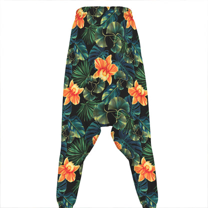 Tropical Leaf And Hawaiian Flower Print Hammer Pants