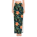Tropical Leaf And Hawaiian Flower Print High Slit Maxi Skirt