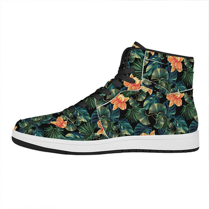 Tropical Leaf And Hawaiian Flower Print High Top Leather Sneakers