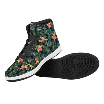 Tropical Leaf And Hawaiian Flower Print High Top Leather Sneakers