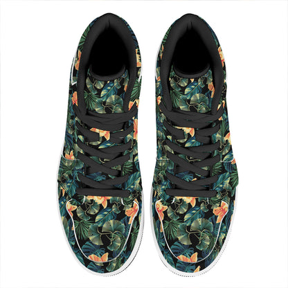 Tropical Leaf And Hawaiian Flower Print High Top Leather Sneakers