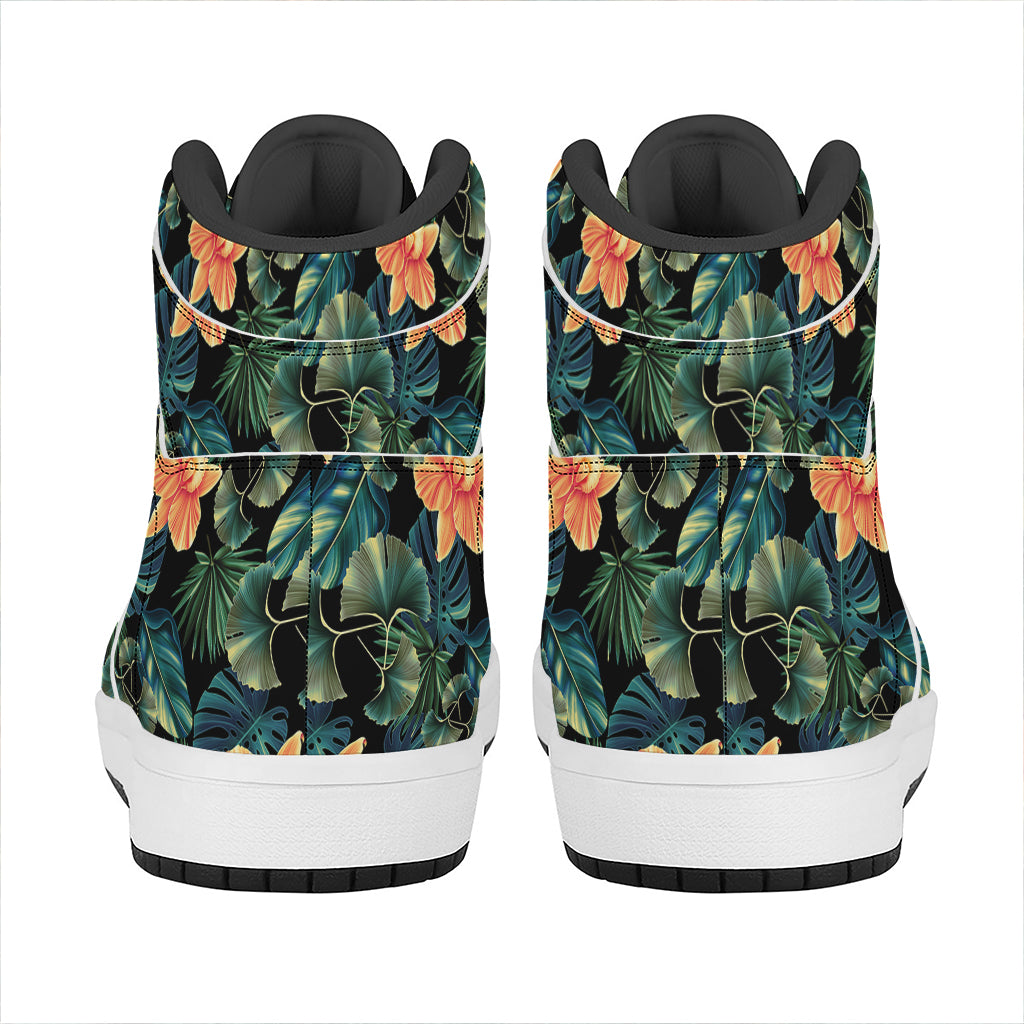 Tropical Leaf And Hawaiian Flower Print High Top Leather Sneakers