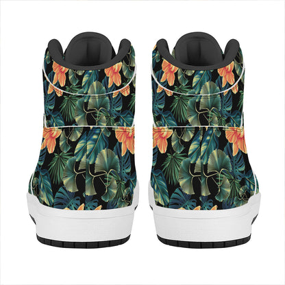 Tropical Leaf And Hawaiian Flower Print High Top Leather Sneakers