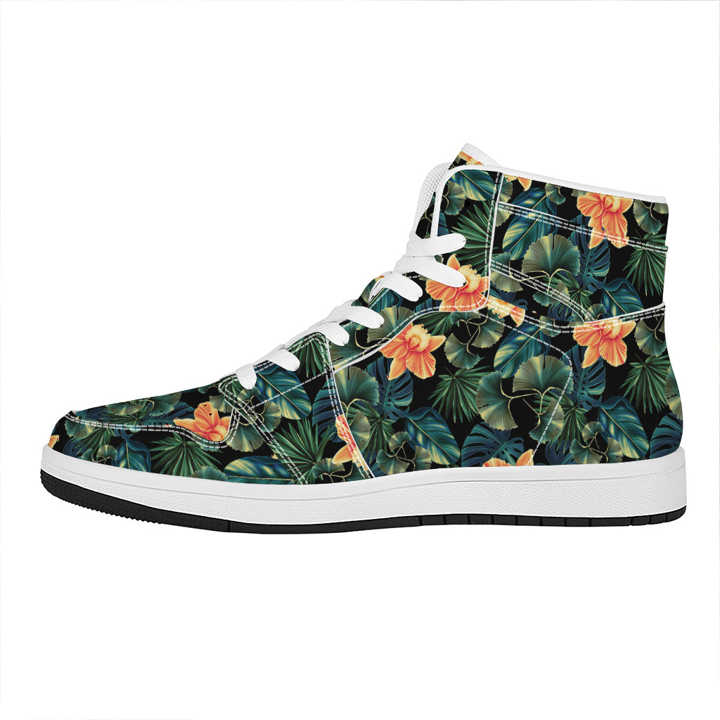 Tropical Leaf And Hawaiian Flower Print High Top Leather Sneakers