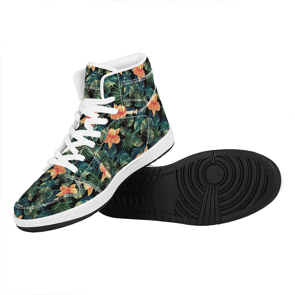 Tropical Leaf And Hawaiian Flower Print High Top Leather Sneakers