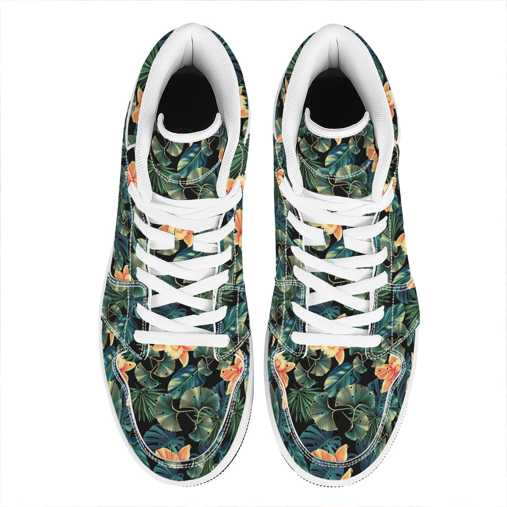 Tropical Leaf And Hawaiian Flower Print High Top Leather Sneakers